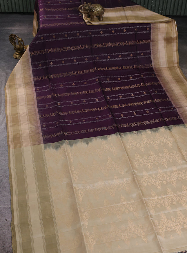 Dark Purple - Beige Pure Soft Silk Saree