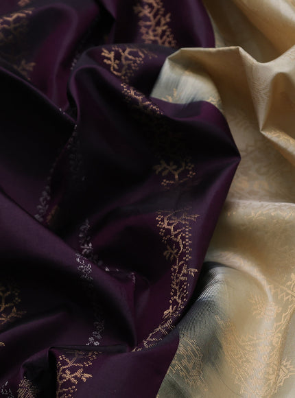 Dark Purple - Beige Pure Soft Silk Saree