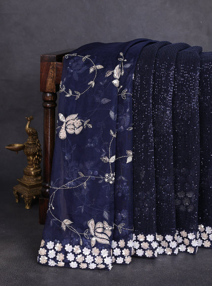 Navy Blue Netted Organza Half & Half Style Sequin Embroidery Saree
