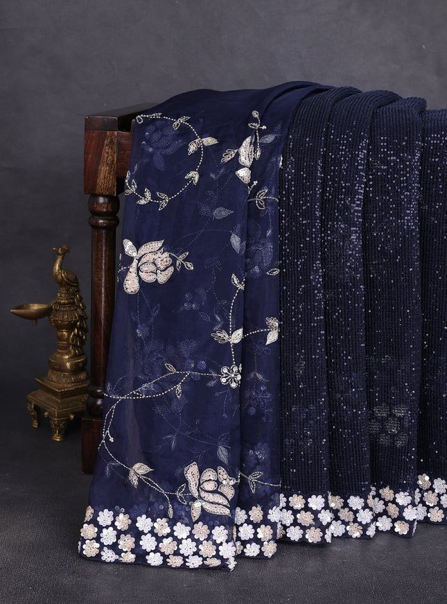 Navy Blue Netted Organza Half & Half Style Sequin Embroidery Saree