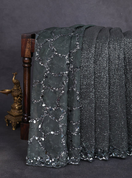 Dark Olive Green Netted Organza Half & Half Style Sequin Embroidery Saree