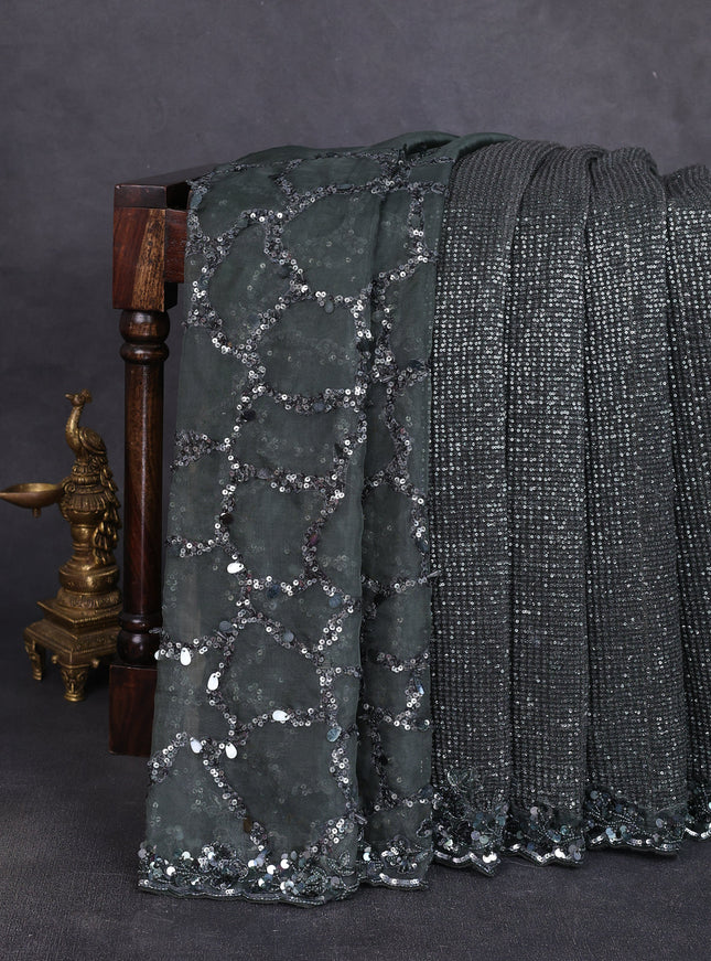 Dark Olive Green Netted Organza Half & Half Style Sequin Embroidery Saree