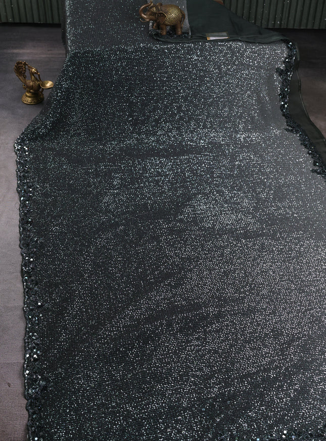 Dark Olive Green Netted Organza Half & Half Style Sequin Embroidery Saree