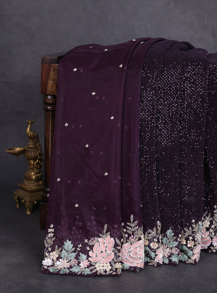 Wine Netted Organza Half & Half Style Sequin Embroidery Saree