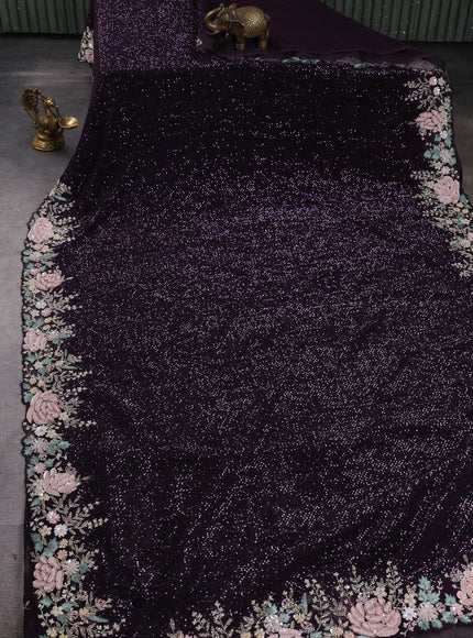 Wine Netted Organza Half & Half Style Sequin Embroidery Saree