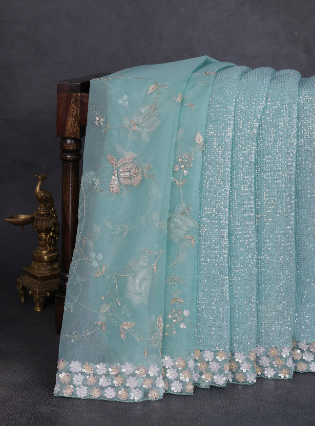 Aqua Blue Netted Organza Half & Half Style Sequin Embroidery Saree