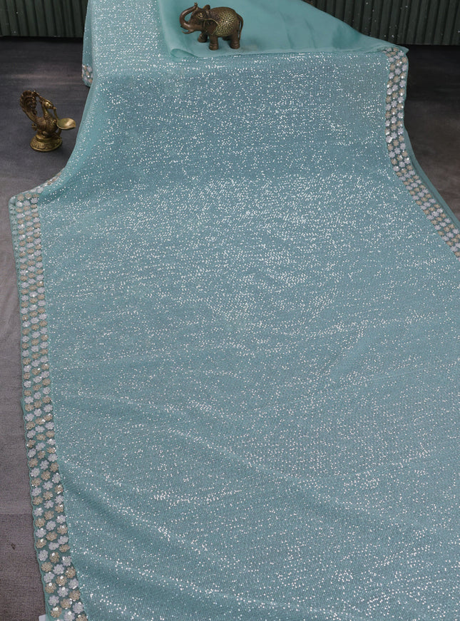 Aqua Blue Netted Organza Half & Half Style Sequin Embroidery Saree
