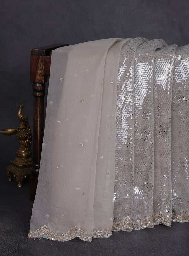 Pastel Grey Netted Organza Half & Half Style Sequin Embroidery Saree