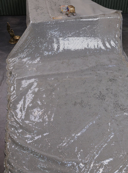 Pastel Grey Netted Organza Half & Half Style Sequin Embroidery Saree