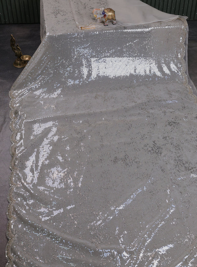 Pastel Grey Netted Organza Half & Half Style Sequin Embroidery Saree