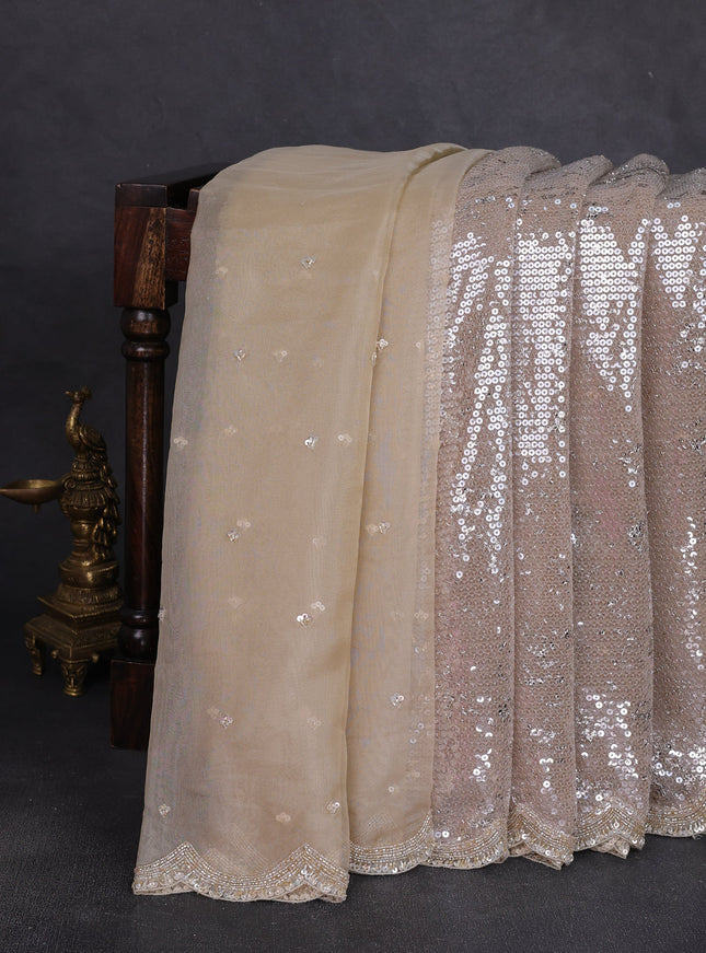 Beige Netted Organza Half & Half Style Sequin Embroidery Saree