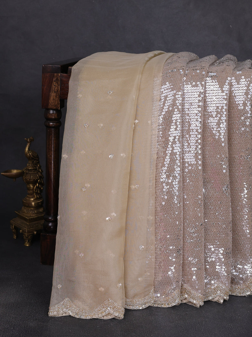 Beige Netted Organza Half & Half Style Sequin Embroidery Saree