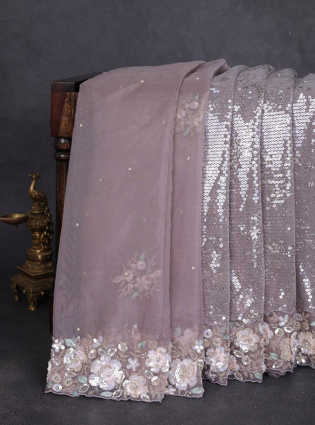 Pastel Lavender Netted Organza Half & Half Style Sequin Embroidery Saree