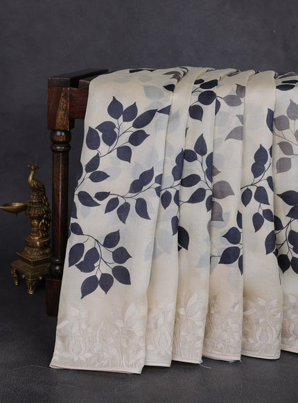Cream - Black Tussar Printed Embroidery Silk Saree