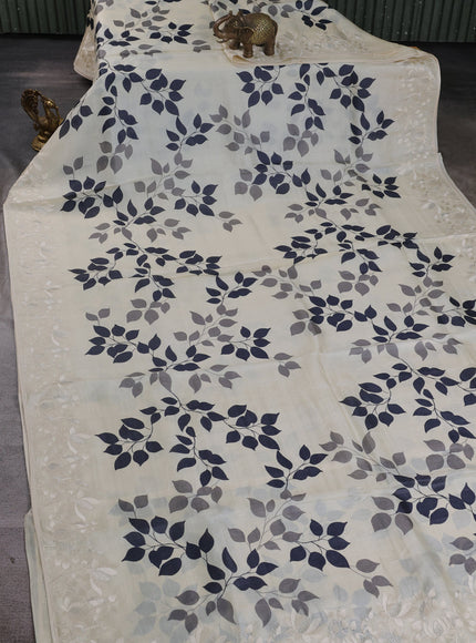 Cream - Black Tussar Printed Embroidery Silk Saree