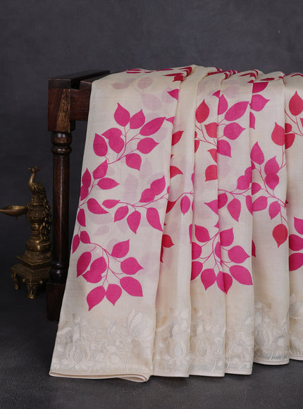 Cream - Pink Tussar Printed Embroidery Silk Saree