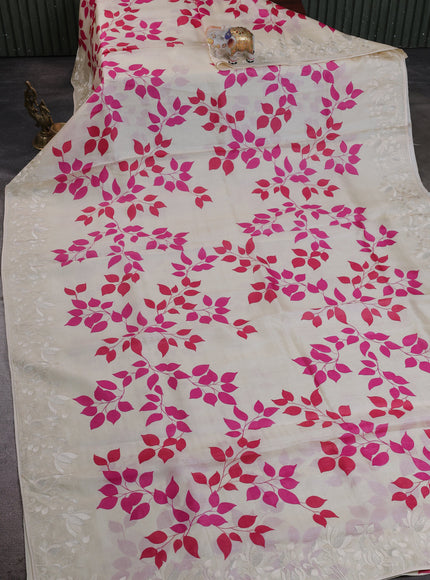 Cream - Pink Tussar Printed Embroidery Silk Saree