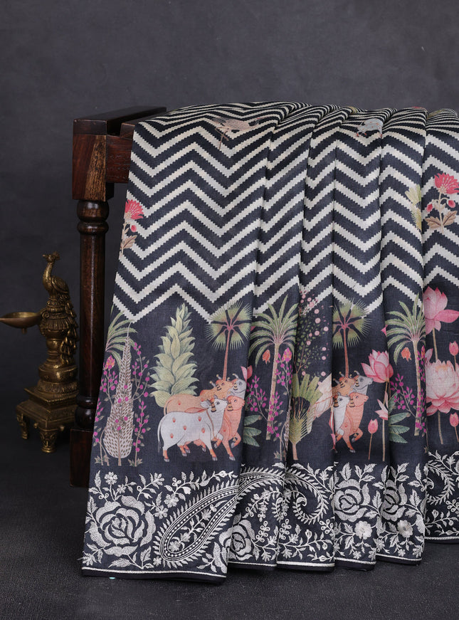 Black Tussar Printed Embroidery Silk Saree