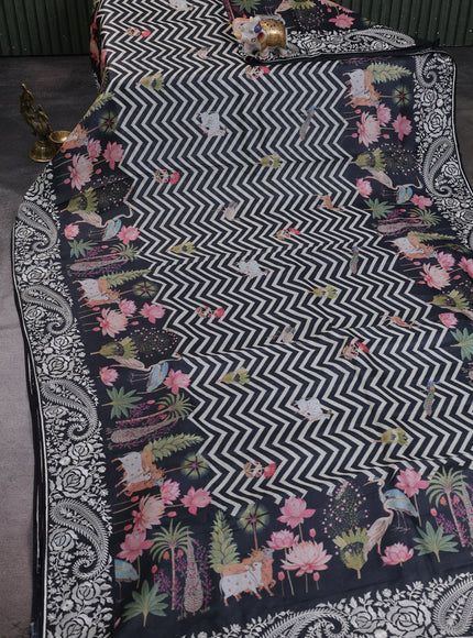Black Tussar Printed Embroidery Silk Saree