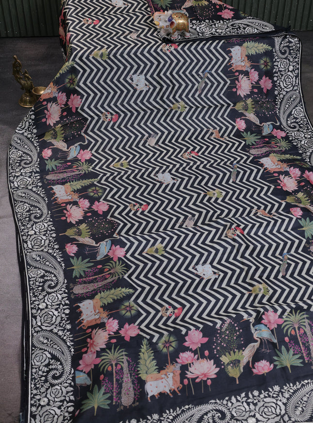 Black Tussar Printed Embroidery Silk Saree