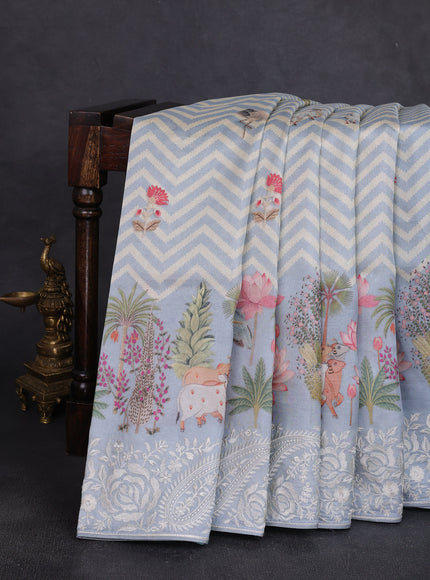 Pastel Blue Tussar Printed Embroidery Silk Saree