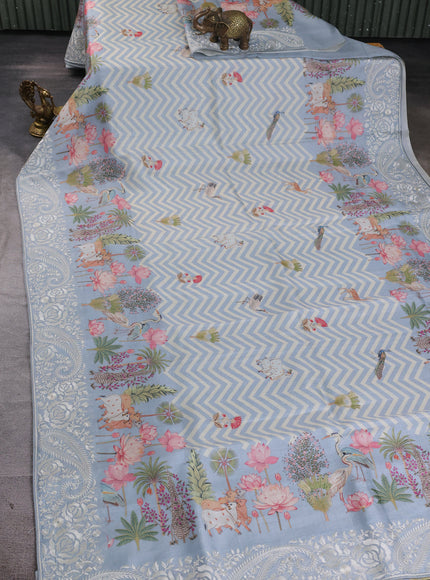 Pastel Blue Tussar Printed Embroidery Silk Saree