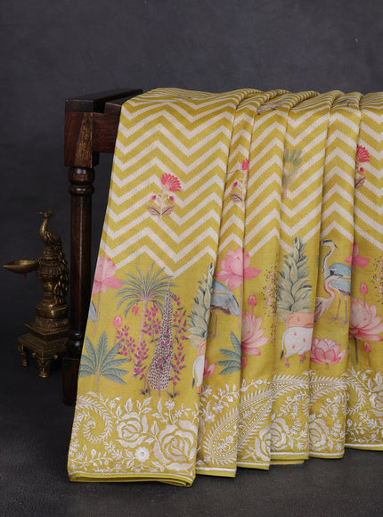 Lime Yellow Tussar Printed Embroidery Silk Saree