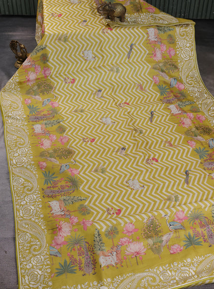Lime Yellow Tussar Printed Embroidery Silk Saree