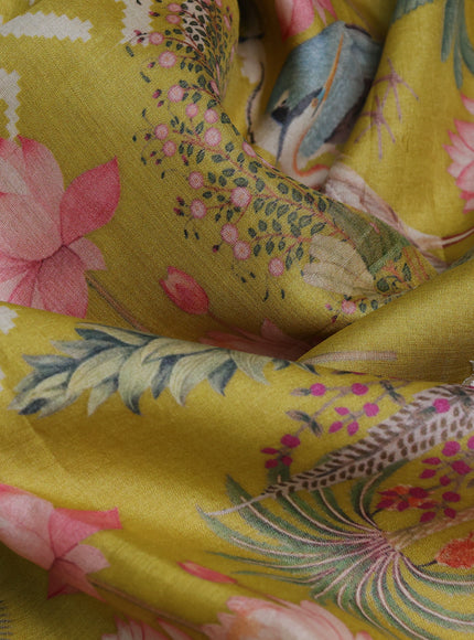 Lime Yellow Tussar Printed Embroidery Silk Saree