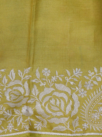 Lime Yellow Tussar Printed Embroidery Silk Saree