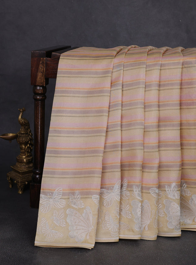 Pale Yellow Tussar Printed Embroidery Silk Saree