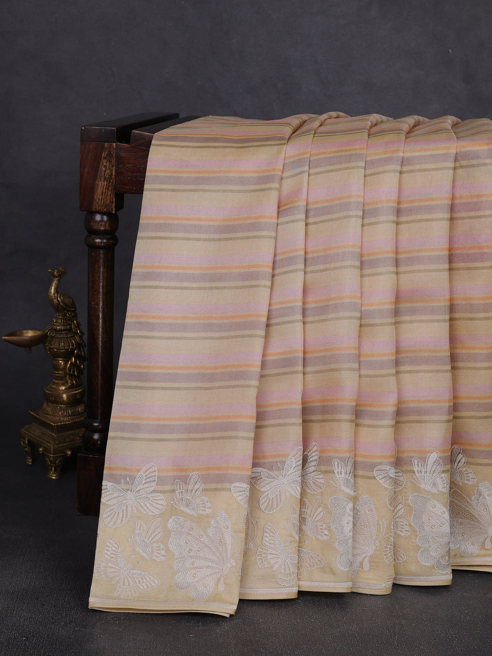 Pale Yellow Tussar Printed Embroidery Silk Saree