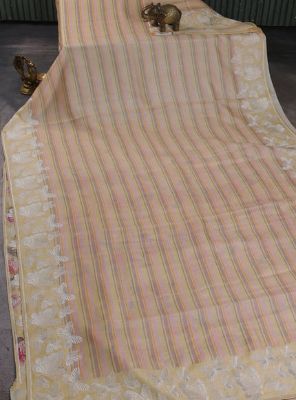 Pale Yellow Tussar Printed Embroidery Silk Saree