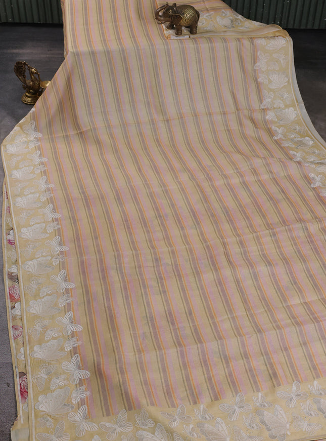 Pale Yellow Tussar Printed Embroidery Silk Saree