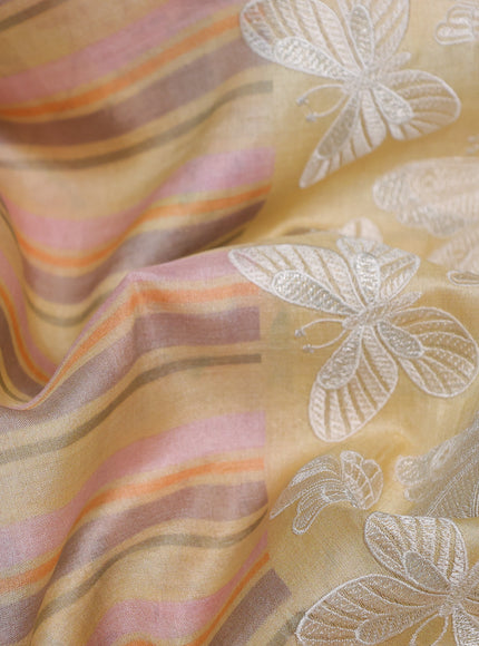 Pale Yellow Tussar Printed Embroidery Silk Saree