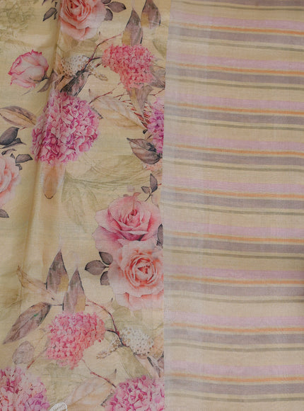Pale Yellow Tussar Printed Embroidery Silk Saree