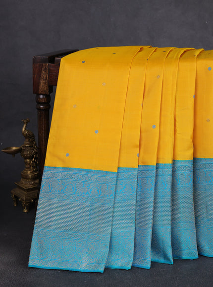 Mango Yellow - Teal Green Pure Kanchipuram Silk Saree