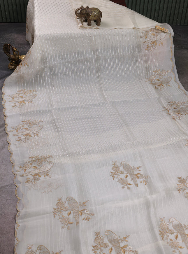 Off White Organza Embroidery Silk Saree