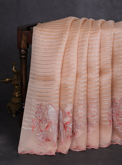 Pastel Peach Organza Embroidery Silk Saree