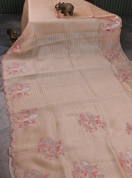 Pastel Peach Organza Embroidery Silk Saree