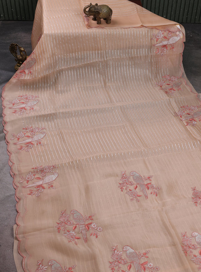 Pastel Peach Organza Embroidery Silk Saree