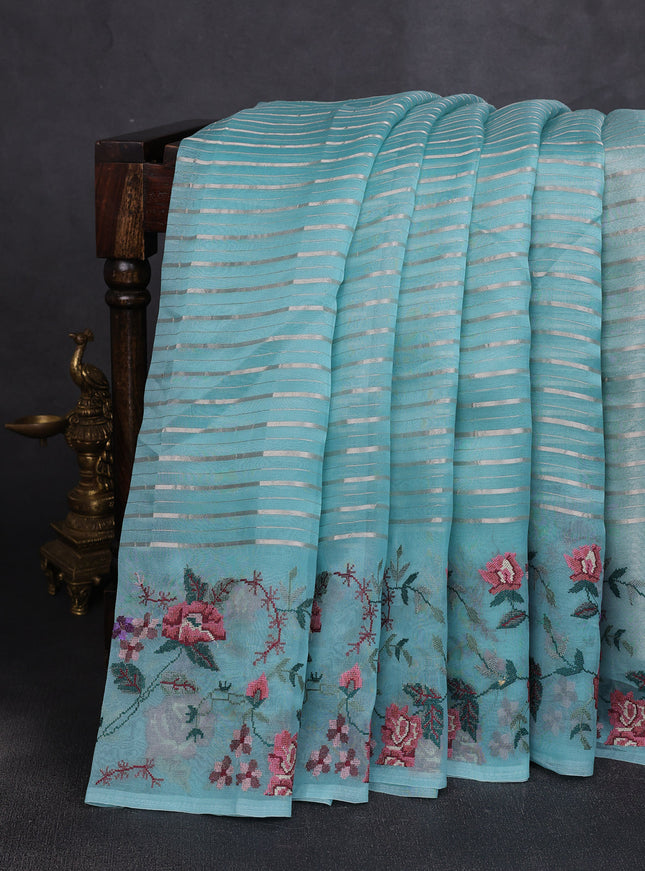 Sky Blue Organza Embroidery Silk Saree