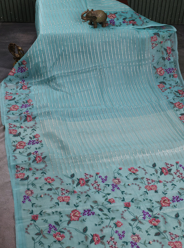 Sky Blue Organza Embroidery Silk Saree