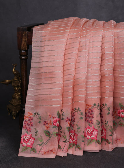 Peach Organza Embroidery Silk Saree
