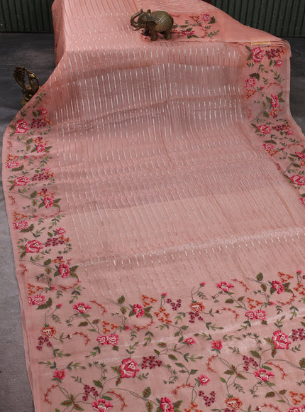 Peach Organza Embroidery Silk Saree