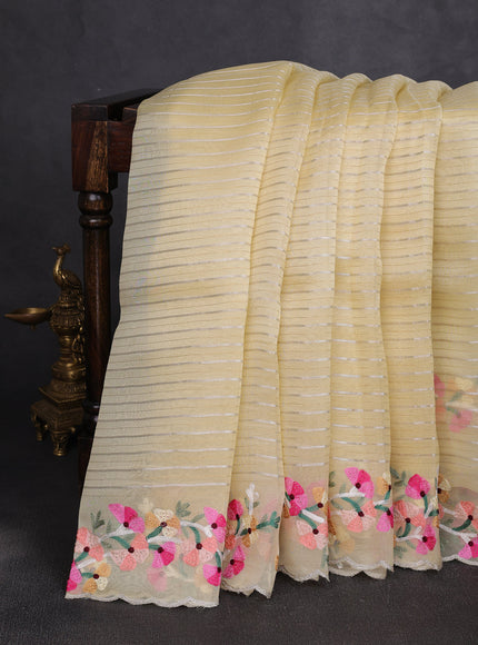 Pale Yellow Organza Embroidery Silk Saree