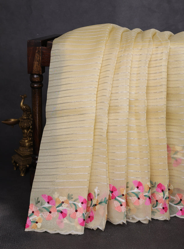 Pale Yellow Organza Embroidery Silk Saree