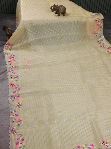 Pale Yellow Organza Embroidery Silk Saree