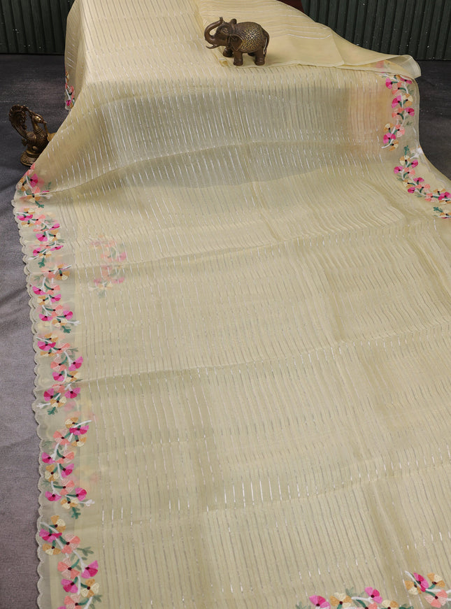 Pale Yellow Organza Embroidery Silk Saree