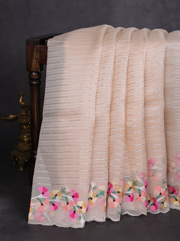 Pastel Peach Organza Embroidery Silk Saree